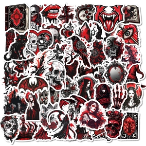 Detail of gothic dark red stickers with skull and crow patterns for laptops
