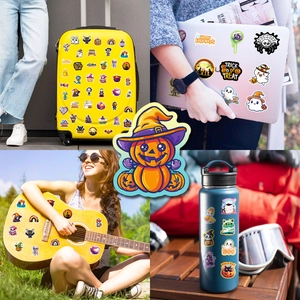 Detailed view of waterproof Halloween stickers featuring pumpkins and ghosts for decor