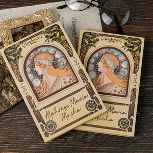 Retro Mucha art style magnetic hardcover notebook with vintage illustration on wooden desk