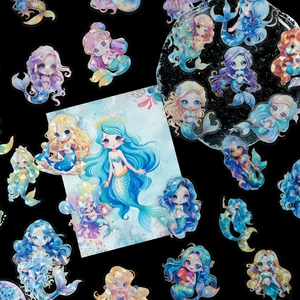 30pcs cute holographic mermaid stickers with waterproof laser gold foil finish