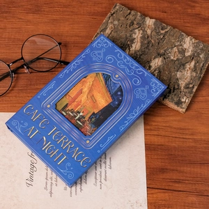Blue notebook with Van Gogh Cafe Terrace At Night art and gold foil lettering