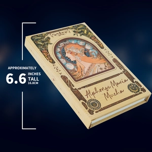Detailed side view of Mucha art notebook showing 6.6 inches height and thick cover texture