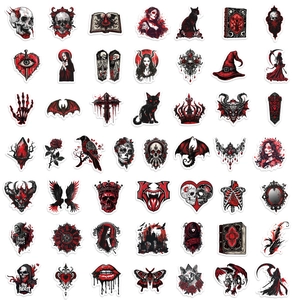 Set of 50 dark gothic waterproof PVC stickers featuring skulls and ravens for DIY decor