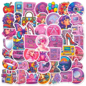 Set of 50 Y2K style pink and purple waterproof stickers featuring retro motifs