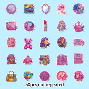 50pcs Y2K vaporwave style waterproof stickers in pink and purple for DIY laptop decor