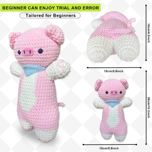 Handmade crochet pink pig plush toy with blue scarf, dimensions 26cm height and 15cm width