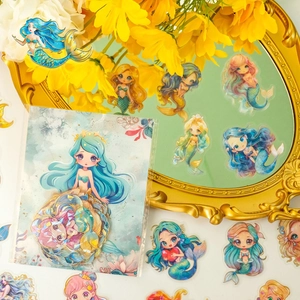 Detail of waterproof laser gold mermaid stickers with hand-drawn cartoon designs