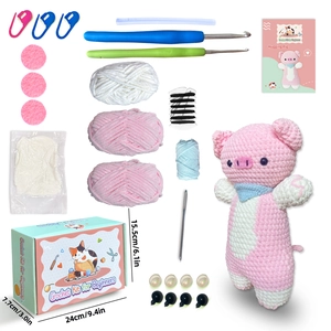 Complete crochet kit for beginners including pink yarn and cute pig plush toy