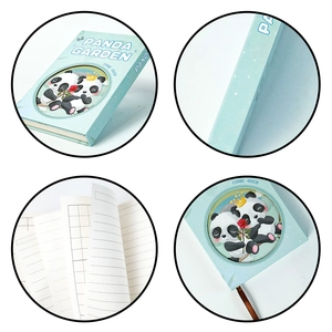 Detail view of panda garden notebook with magnetic buckle and mixed grid pages