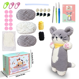DIY crochet kit for beginners to make a cute gray hugging cat plush with tools and yarn
