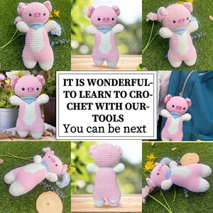 Detailed views of a pink crochet pig doll with blue scarf and various usage scenarios