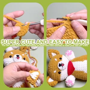 DIY crochet kit showing step-by-step process to make a cute Corgi dog plush keychain