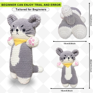 Handmade crochet cat doll kit with grey yarn, yellow scarf, and 26cm DIY project details
