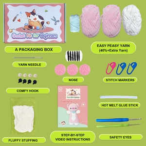 Complete DIY crochet kit for beginners with pink pig yarn, tools and video tutorial