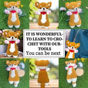 Close-up of handmade crochet Corgi puppy keychain with red scarf and detailed textures