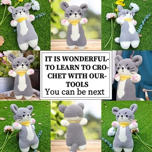 Detailed views of handcrafted crochet grey cat keychain plush with yellow scarf