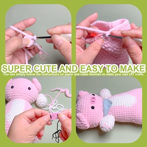 DIY crochet kit for pink pig plushie including soft yarn, hooks, and step-by-step guide