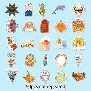 50pcs waterproof rainbow boho stickers with hand-drawn illustrations and quotes