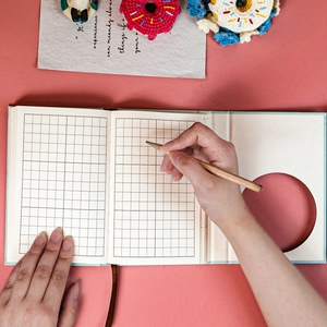 Detail of light blue hardback grid notebook featuring circular die-cut on the back cover