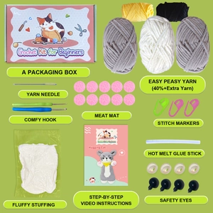 DIY crochet kit for hugging cat plush keychain with yarn, hooks and video tutorial