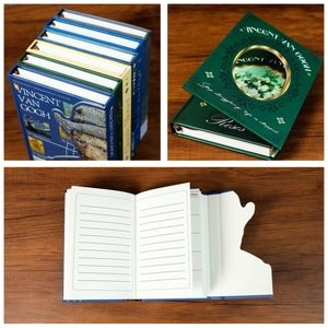 Detail view of Van Gogh art notebook featuring hollow cover and ruled inner pages