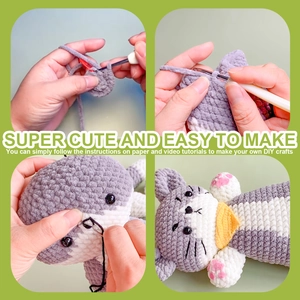 DIY crochet kit showing grey cat doll making process with yarn and hook tools