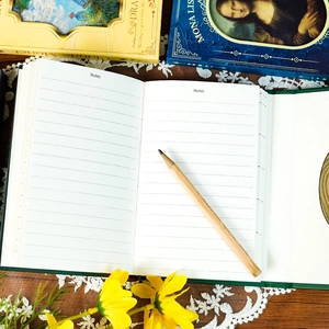 Detail of artistic oil painting notebook with lined pages and vintage box
