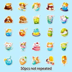 50pcs set of non-repeating cute cartoon cat and dog stickers with summer dessert themes