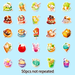 50pcs unique stickers featuring cute cats and dogs with desserts and ice cream