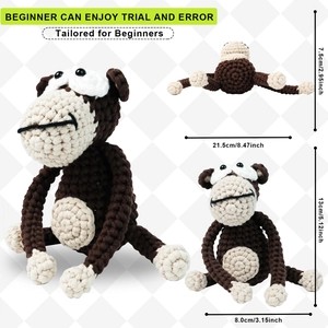 DIY crochet gorilla kit showing multiple views and dimensions for beginner craft projects
