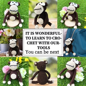 Detailed views of handmade crochet gorilla doll used as a cute desktop ornament and bag charm