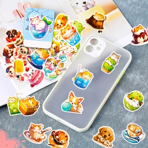 Close-up of cute cat and dog food-themed stickers applied on a clear phone case