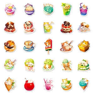 Set of 50 creative cute food cat and dog stickers featuring pets in ice cream and desserts