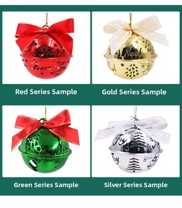 Detail of colorful Christmas bells with festive greetings and ribbons in a 2x2 grid set