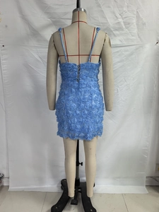 Détail de la robe courte bleu clair avec appliques de roses 3D et laçage dans le dos