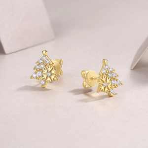 Detail showing S925 hallmark on gold plated Christmas tree earrings with zircons