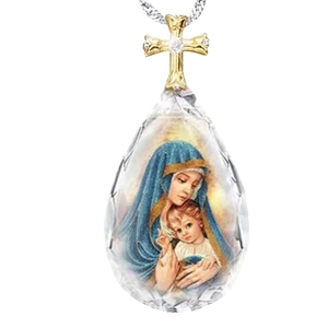 Religious pendant necklace featuring Virgin Mary crystal teardrop with golden cross