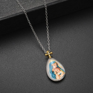 Religious Virgin Mary Jesus Portrait Water Drop Pendant Necklace With Gold Cross Rhinestone Silver Tone Metal Chain Jewelry