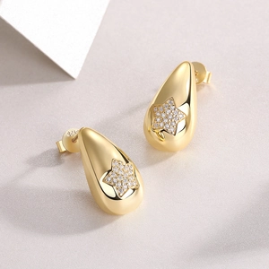 Macro shot of S925 sterling silver stamp on water drop earrings with star zircon