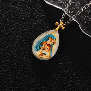 Water-drop Virgin Mary pendant necklace with gold cross and crystal on black leather