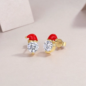 Detailed view of S925 silver Christmas hat earrings with sparkling moissanite gems