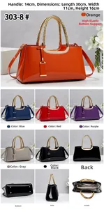 Detailed multi-view layout of glossy patent leather handbag showing dimensions and internal storage