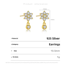 Detailed view of 925 silver floral stud earrings with cubic zirconia and size dimensions