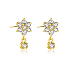 Elegant 925 sterling silver gold flower stud earrings with white crystal drop pendants