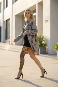 Close-up of tattoo printed pantyhose with colorful sun and wing totem on the leg