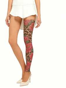 High-waist sexy floral tattoo print stockings for women in skin tone sheer nylon