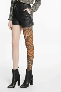Womens sexy tiger tattoo printed patterned tights paired with black leather shorts