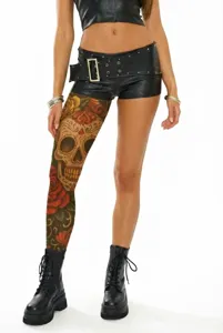 Sexy single-leg tattoo printed stockings with sugar skull and rose pattern