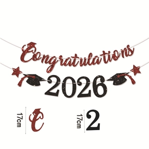 Red and black glitter Graduation banner with Congratulations 2026 text and cap icons