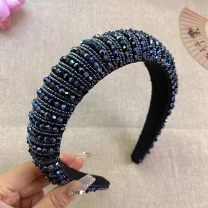 Handmade beaded wide sponge headband with iridescent deep blue crystal beads